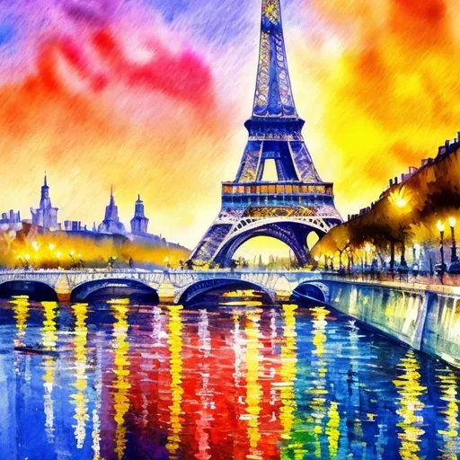 Prompt: Eiffel Tower in watercolor, Paris cityscape, riverside view, high quality, vibrant colors, impressionist style, scenic setting, iconic landmark, beautiful architecture, picturesque, colorful reflections, artistic brushstrokes, romantic atmosphere, detailed painting, professional