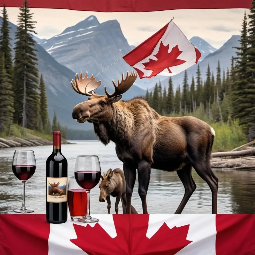 Prompt: Photo realistic image with wine, beaver, moose, Mountie, and a Canadian flag