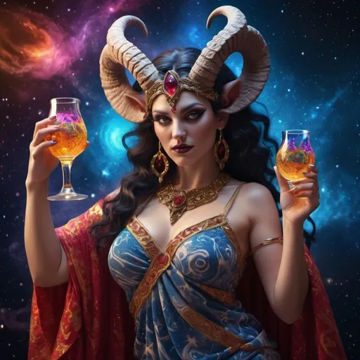 Prompt: Greek godess as satan drinking tequila