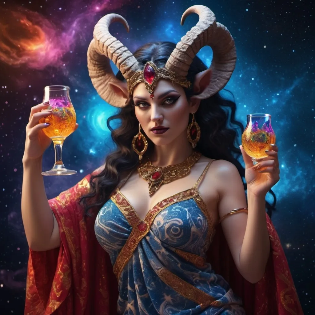 Prompt: Greek godess as satan drinking tequila