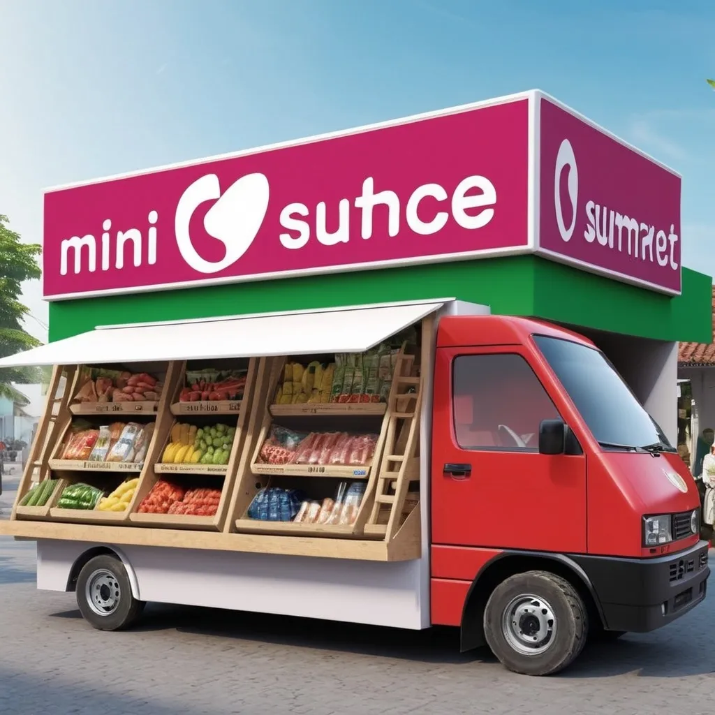 Prompt: Design a truck size mini supermarket in the middle of a traditional market