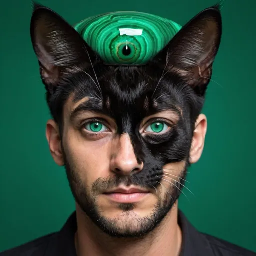 Prompt: a man with vibrant malachite eyes. a black cat sitting on his head.