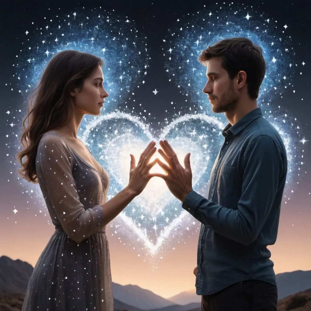 Prompt: a man and a woman made of stars stand facing each other. each has one hand on their own heart and the other hand reaches out to the other persons heart.