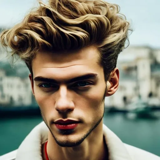 Prompt: Handsome 26 year old russian boy, slim, fair and very light skin with blonde brown curly hair, like an greek angle, with angled jaw and very dimpled chin, and innocent dark green eyes, angle eyebrows, narrow light eyebrows,  little nose, red lips, narrow lips, pretty feminine face