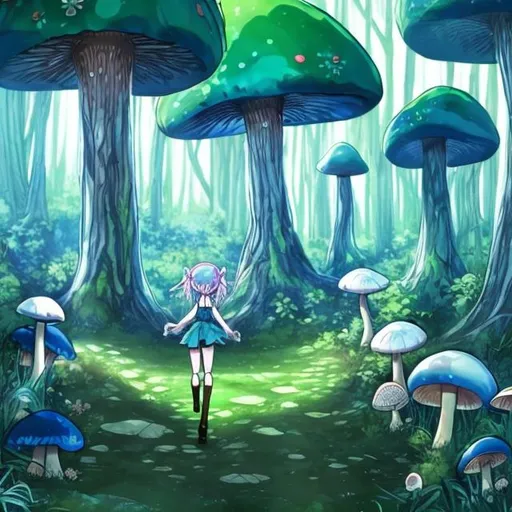 Prompt: A forest except there is no trees and only (blue and Extremely big mushrooms) and an (anime style elf girl) is walking through it