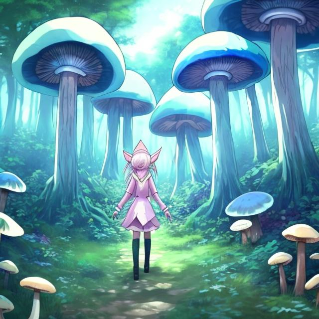 Prompt: A forest except there is no trees and only (blue and Extremely big mushrooms) and an (anime style elf girl) is walking through it