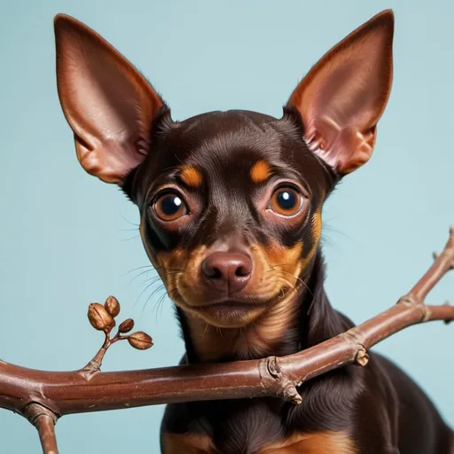 Prompt: Cute chocolate min pin playing with a branch, happy, cute, 4k detail, Hyperrealistic, vivid colors