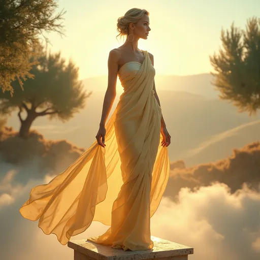 Prompt: greek mythological beautifull ultra slim figure show tight 
chanderi bark pale yellow & silver silk multi layer of saree blouse with bold & gracefull glowing body & fcae