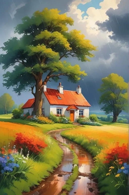 Prompt: Create a landscape of a serene countryside scene during a gentle summer rain. A cozy cottage with a red roof is nestled near a large, lush green tree. The sky is filled with dramatic, billowing clouds in vibrant shades of orange and yellow, illuminated by sunlight breaking through, creating a striking contrast with the dark blue rain clouds. A narrow, winding path leads to the cottage, bordered by wildflowers in bright red and orange hues, and rich green grass. Small puddles form from the rain along the path.

The overall atmosphere is peaceful and picturesque, with a harmonious blend of nature and tranquility, depicted in highly saturated colors to enhance the vividness and charm of the landscape.