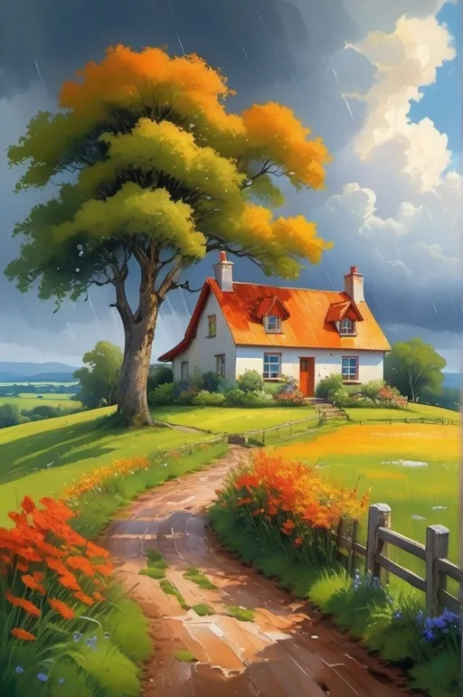 Prompt: Create a landscape of a serene countryside scene during a gentle summer rain. A cozy cottage with a red roof is nestled near a large, lush green tree. The sky is filled with dramatic, billowing clouds in vibrant shades of orange and yellow, illuminated by sunlight breaking through, creating a striking contrast with the dark blue rain clouds. A narrow, winding path leads to the cottage, bordered by wildflowers in bright red and orange hues, and rich green grass. Small puddles form from the rain along the path.

The overall atmosphere is peaceful and picturesque, with a harmonious blend of nature and tranquility, depicted in highly saturated colors to enhance the vividness and charm of the landscape.