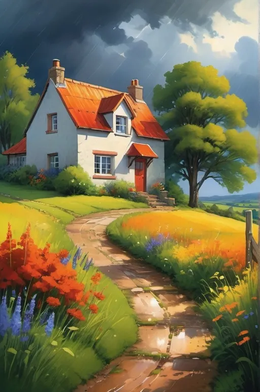 Prompt: Create a landscape of a serene countryside scene during a gentle summer rain. A cozy cottage with a red roof is nestled near a large, lush green tree. The sky is filled with dramatic, billowing clouds in vibrant shades of orange and yellow, illuminated by sunlight breaking through, creating a striking contrast with the dark blue rain clouds. A narrow, winding path leads to the cottage, bordered by wildflowers in bright red and orange hues, and rich green grass. Small puddles form from the rain along the path.

The overall atmosphere is peaceful and picturesque, with a harmonious blend of nature and tranquility, depicted in highly saturated colors to enhance the vividness and charm of the landscape.