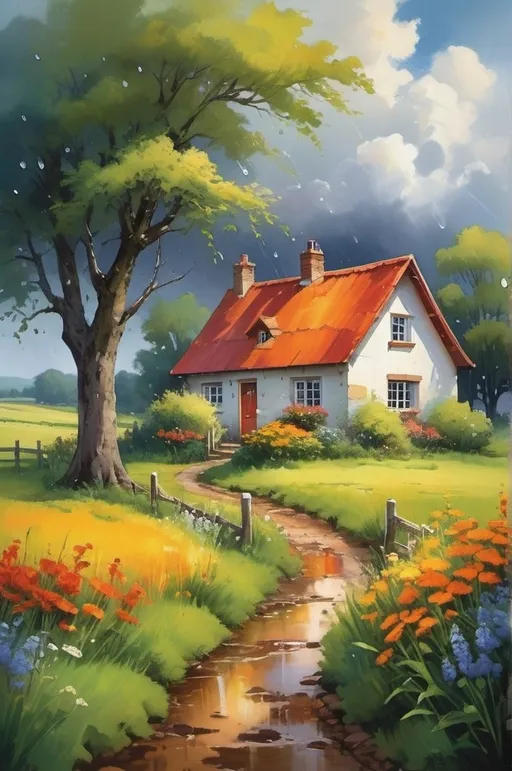 Prompt: Create a landscape of a serene countryside scene during a gentle summer rain. A cozy cottage with a red roof is nestled near a large, lush green tree. The sky is filled with dramatic, billowing clouds in vibrant shades of orange and yellow, illuminated by sunlight breaking through, creating a striking contrast with the dark blue rain clouds. A narrow, winding path leads to the cottage, bordered by wildflowers in bright red and orange hues, and rich green grass. Small puddles form from the rain along the path.

The overall atmosphere is peaceful and picturesque, with a harmonious blend of nature and tranquility, depicted in highly saturated colors to enhance the vividness and charm of the landscape.