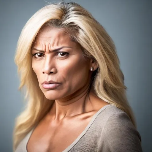 Prompt: A Latin-looking 55 year old woman with long flowing blond hair is critical and shaking their head with a facial expression of doubt. looking ahead.