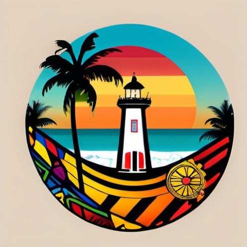 Prompt: Colourize. Bright colours, Ghanaian. Traditional, cultural. Lighthouse, surfboard, beach hut. Sunset. Circular Logo. 