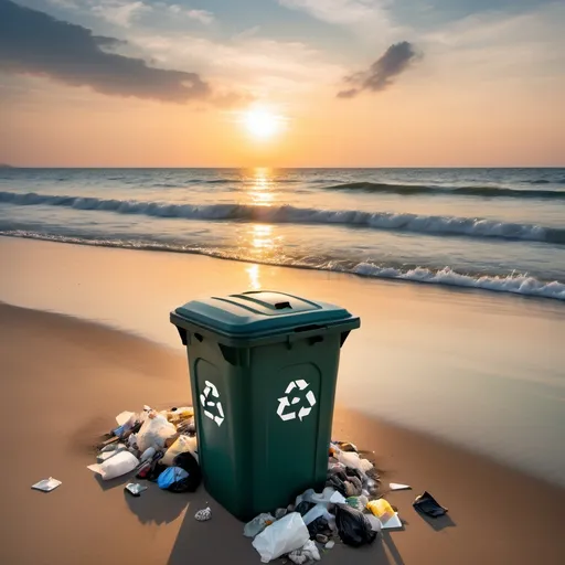 Prompt: Trash can on a beach viewing the sea with garbage in the water , with a beautiful sun set

