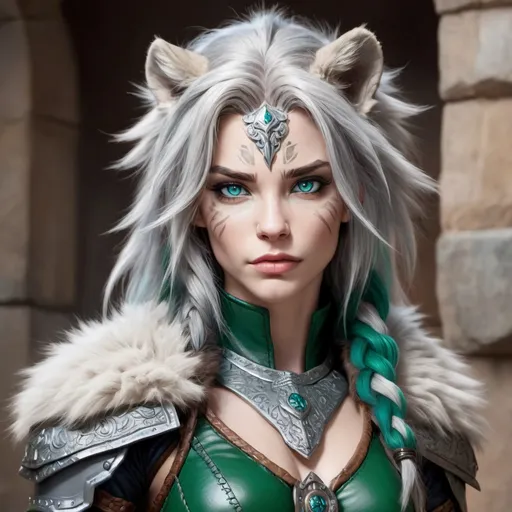 Prompt: a female lion anthro rogue wearing leather armor, blue and green eyes, pale grey fur, intricate details, braided hair