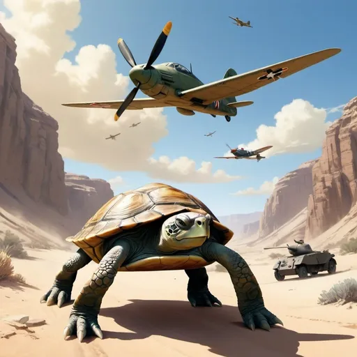 Prompt: A anime turtle walking in a desert canyon with a ww2 dogfight in the background