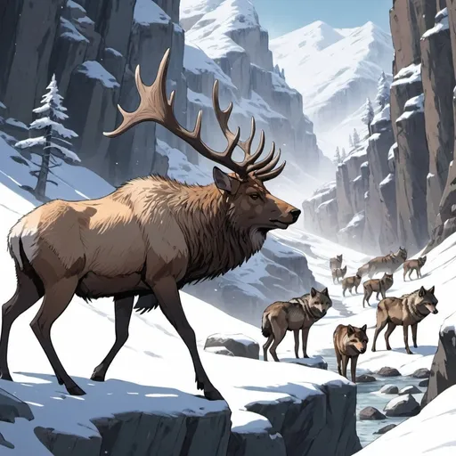 Prompt: A anime elk walking in a snowy mountain canyon with a pack of wolves in the backgound