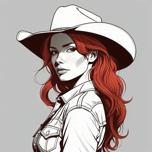 Prompt: line art, modern style, cowboy woman, red hair