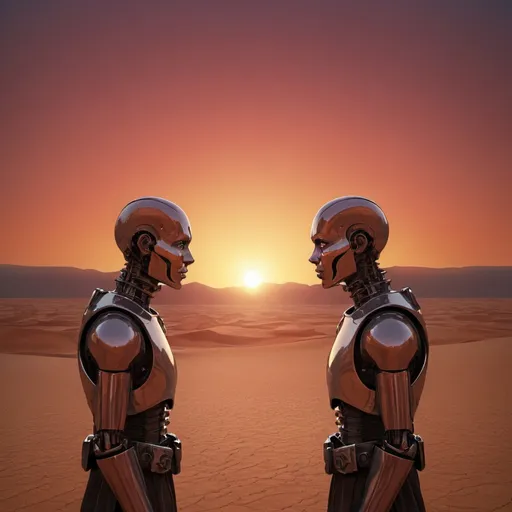 Prompt: Desert sunset two human enemies staring at each other
