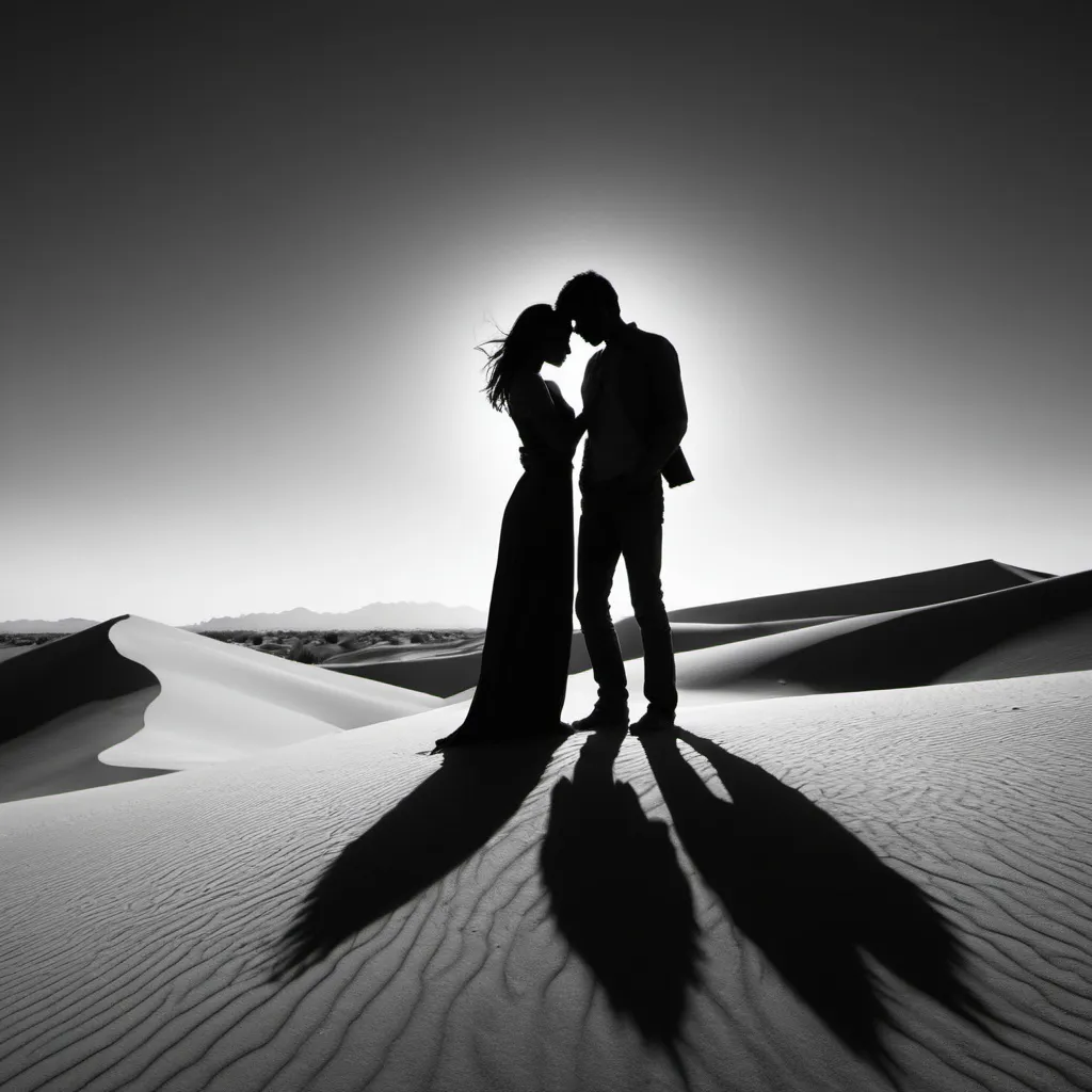 Prompt: Desert, with the silhouette of two lovers trying to be togheter in vain
