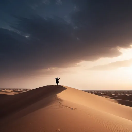 Prompt: Desert, with the silhouette of a leader raising hands on the top of a dune. Evening sky
