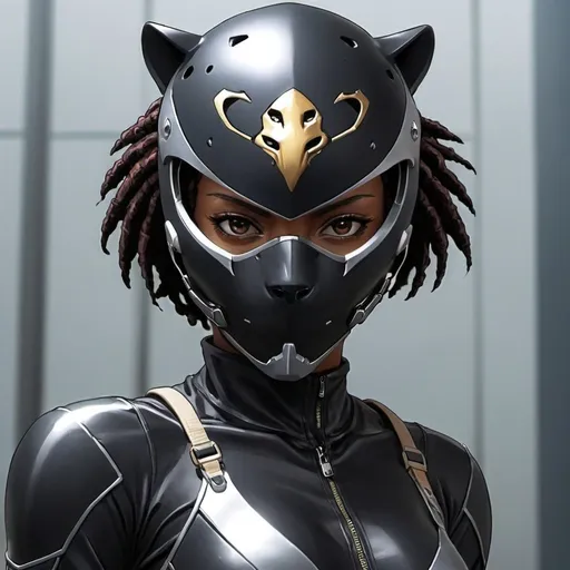 Prompt: Female black assassin with full-f jaguar helmet in Anime