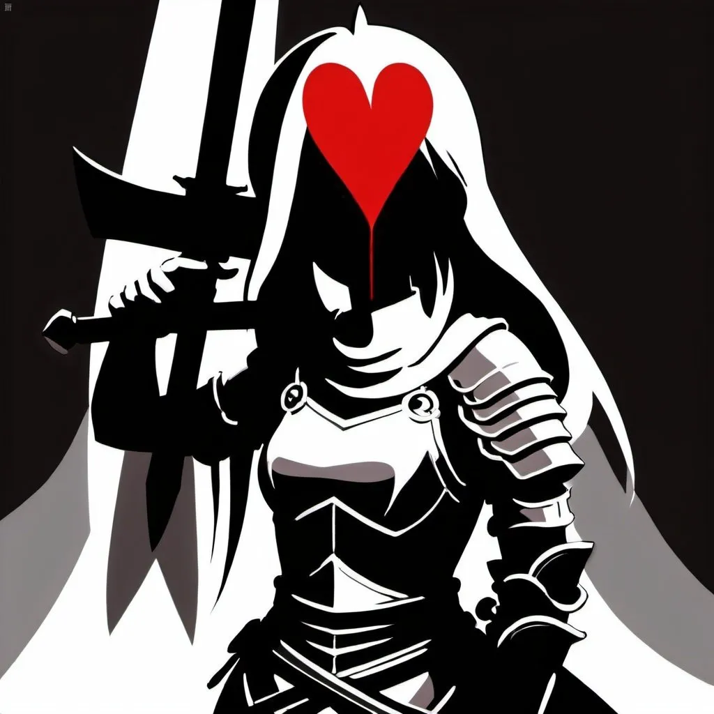 Prompt: The female knight stands tall, clad in sturdy iron armor, radiating courage and determination. Her right hand grips a gleaming longsword, ready to face any challenge. Positioned at her chest is a fractured heart icon, symbolizing her inner struggles and resilience. She embodies the characteristics of a standard Japanese RPG hero, portrayed in a Japanese anime style. However, in this depiction, she wears black stockings, adding a touch of mystery and allure to her appearance.