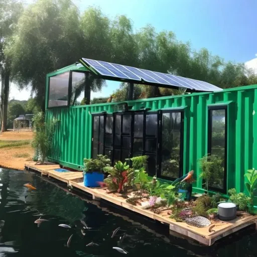 Prompt: Aquaponic with plants and fish farm in a shipping container. With solar panels on roof. Inside view.