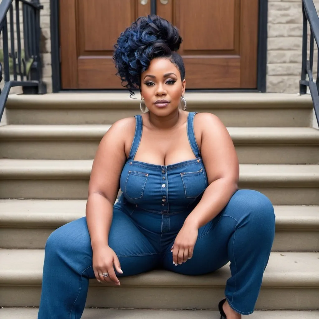 Prompt: a photo of Zephyrine Bellamy: 30-year-old -medium-sized full-figured black woman with clothing dressed in a trending style blue jean jumpsuit, Wearing an updo hairstyle. Full body photo. Outside background sitting on stairs, very realistic-looking person, looking. full photo, full body
