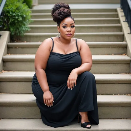 Prompt: a photo of Zephyrine Bellamy: 30-year-old -full-figured black woman with clothing dressed in trending style, Wearing an updo hairstyle. Full body photo. Outside background sitting on stairs, very realistic-looking person, looking. full photo, full body