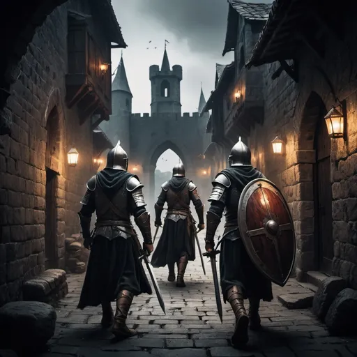 Prompt: two warriors enter a dark medieval city