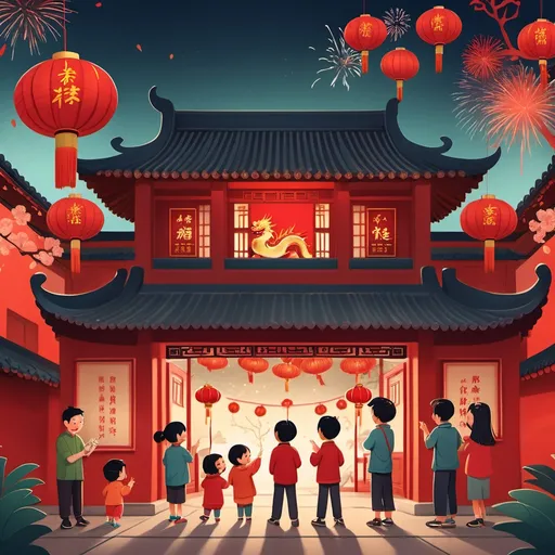 Prompt: a group of people standing around a red Chinese traditional house building with Chinese red lantern hanging under the roof in front of the front gate, children watching fireworks and a dragon dancing, people all wearing Chinese Tang zhuang, Celebrating Chinese new year, simple content,a baby picture book illustration