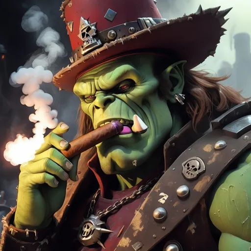 Prompt: Ork smoking warhammer 40000
picture cartoon animation
focus on big cigar
