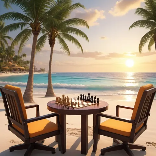 Prompt: Depict a tropical resort with a table at the beach with a chess game and tow tropical drinks