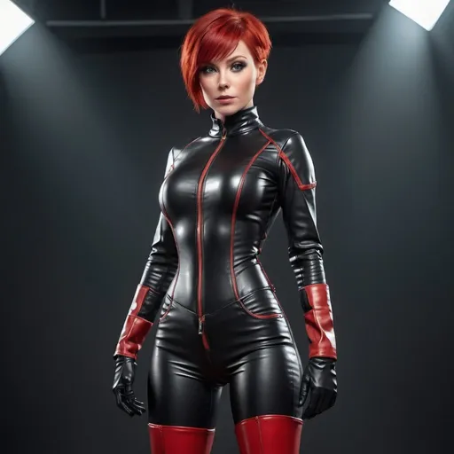 Prompt: A female character, perfect body, tight leather jumpsuit, red thigh high boots, short red hair, T pose, full body picture, head to toe, realistic, best quality, cinematic. Full body, wide shot 