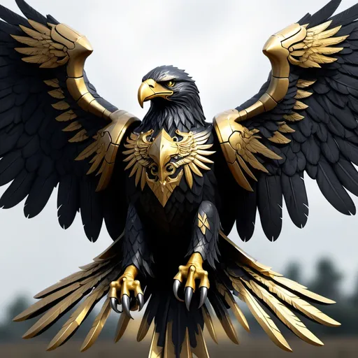 Prompt: a six wings eagle with triple head of gold on a field of black, each head example the horrific past, the dreadful present, and the hopeful future. like warhammer 40k imperial aquila