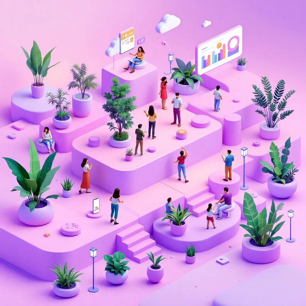 Prompt: 3d digital playground with purple pastel colour that shows mobile, app, desktop and tablet - with people and plants and play