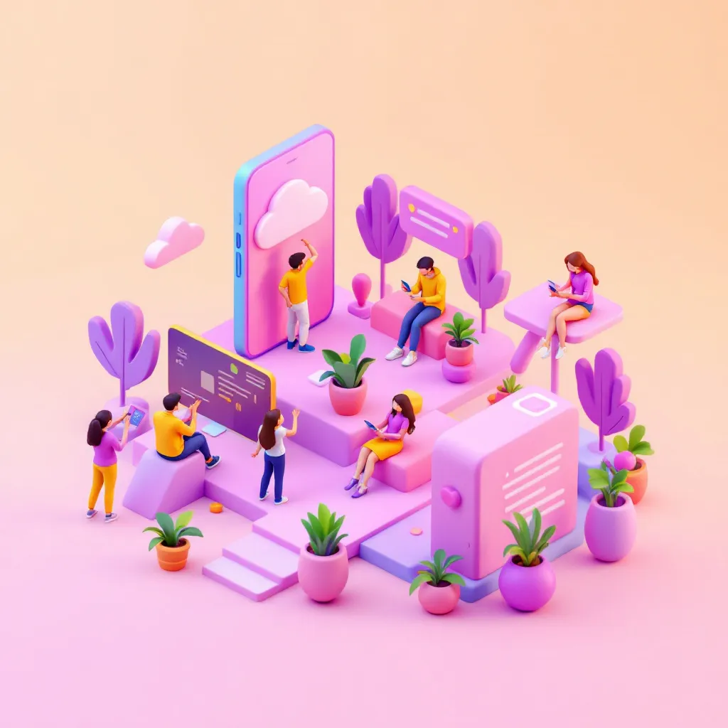 Prompt: 3d digital playground with purple pastel colour that shows mobile, app, desktop and tablet - with people and plants and play
