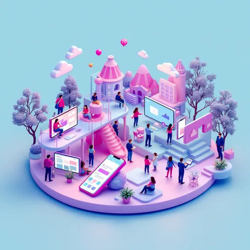 Prompt: 3d digital playground with purple pastel colour that shows mobile, app, desktop and tablet - with people and and play