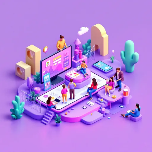 Prompt: 3d digital playground with purple pastel colour that shows mobile, app, desktop and tablet - with people and and play