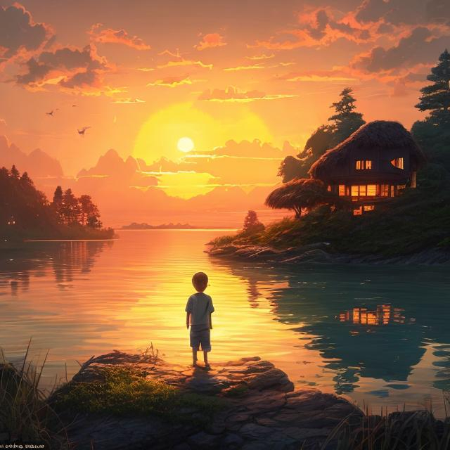 Prompt: Boy enjoying sunset on tiny island, nature setting, sunset over lake, tranquil atmosphere, warm lighting, detailed scenery, high quality, realistic, nature, sunset, tranquil, detailed setting, peaceful, serene, lakeside, warm tones, realistic lighting, detailed water reflections, atmospheric lighting