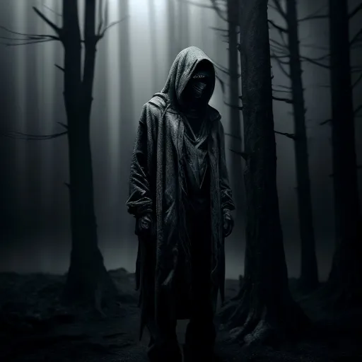 Prompt: strange hooded humanoid with smoke 
in a gloomy misty landscape at night 