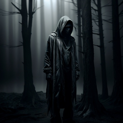 Prompt: strange hooded humanoid with smoke 
in a gloomy misty landscape at night 