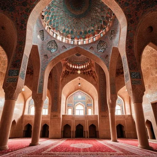 Prompt: A mosque with Iranian Islamic architecture in earthy, brown and red colors