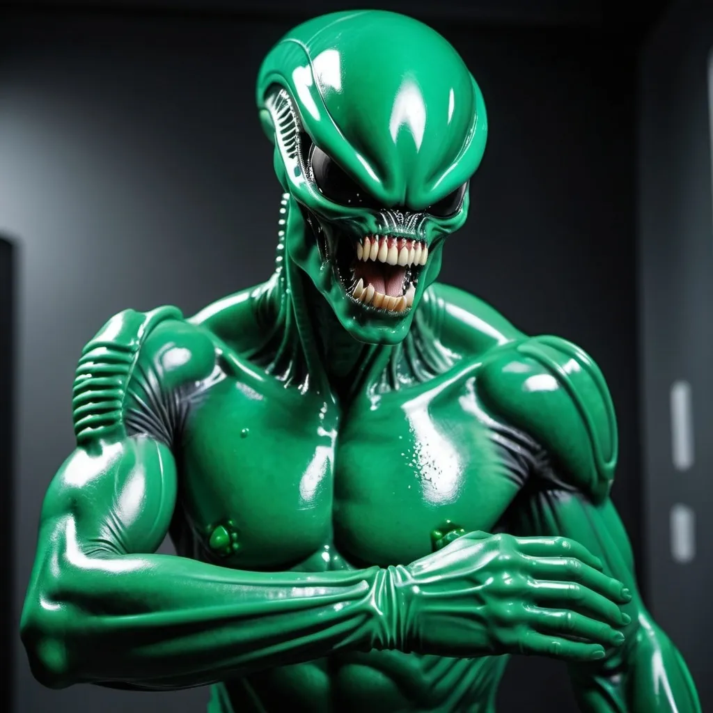 Prompt: realistic shiny wet rubber glove muscular green xenomorph, big pecs, looking into your eyes, reaching a gloved hand out to touch you, standing tall over you, pov, armpit, black nips, wiggling fingers 