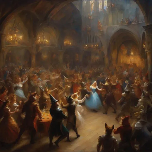 Prompt: inside big tabern
party of many people dancing
many fantasy races 
some minotaur dancing
some cat-woman dancing
some elf dancing
some dwarft dancing
some gnome dancing
some fairy dancing
medieval fantasy, oil paint