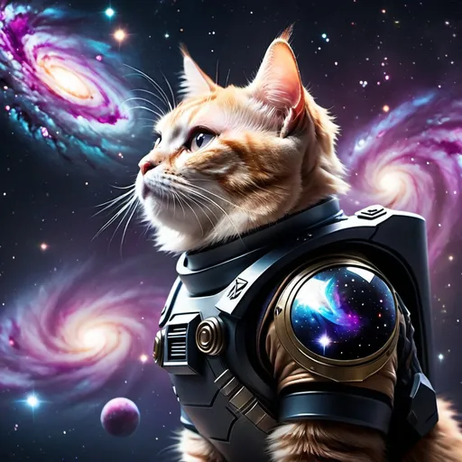 Prompt: A cat looking down on a galaxy while wearing galactic armor 