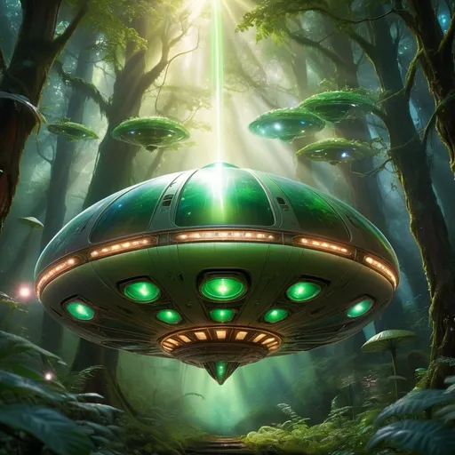 Prompt: (alien ship), hovering above a lush, dense forest, vibrant green foliage surrounding, bright, ethereal beams of light illuminating magical creatures (sparkling fairies, glowing orbs), mystical atmosphere, cinematic depth, intricate details, captivating and whimsical mood, enchanting scenery, high-quality design, ultra-detailed, atmospheric lighting showcasing the contrast between the ship and the forest.