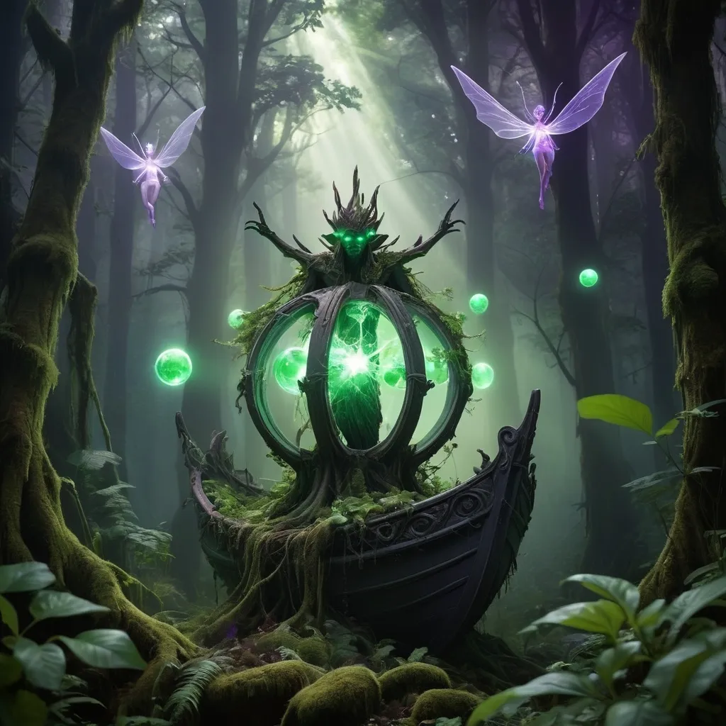 Prompt: The god of chaos hovering above a lush, dense forest, decaying green foliage surrounding, bright, ethereal beams of light illuminating magical creatures (sparkling fairies, glowing orbs), haunting atmosphere, cinematic depth, intricate details, captivating and gloomy mood, eerie scenery, high-quality design, ultra-detailed, atmospheric lighting showcasing the contrast between the ship and the forest. Using the colors neon green, violet purple, black and grey